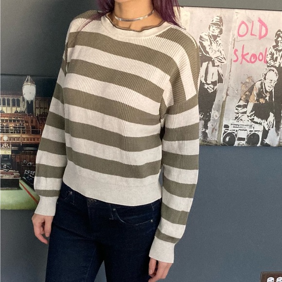 Brunello Cucinelli Olive Green Cream Striped Ribbed Cotton Sweater Monili XXS - Picture 1 of 9